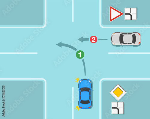 Driving a car. Safety driving and traffic regulating rules. Main road and give way signs priority on intersection road. Flat vector illustration template.