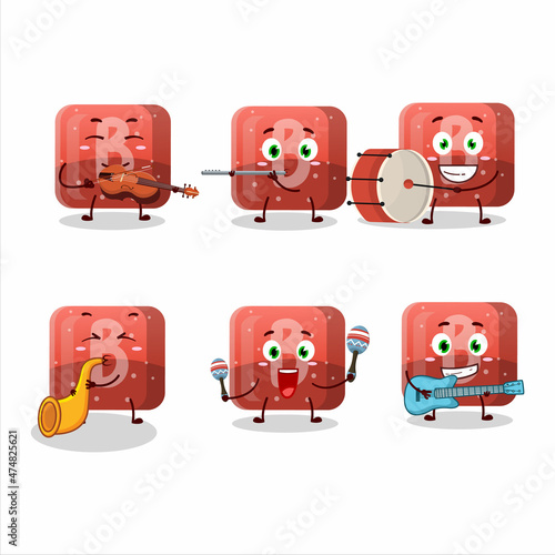 Cartoon character of red gummy candy B playing some musical instruments