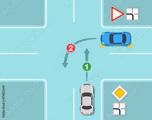 Driving a car. Safety driving and traffic regulating rules. Main road and give way signs priority on intersection road. Blue sedan car is turning to primary road. Flat vector illustration template.