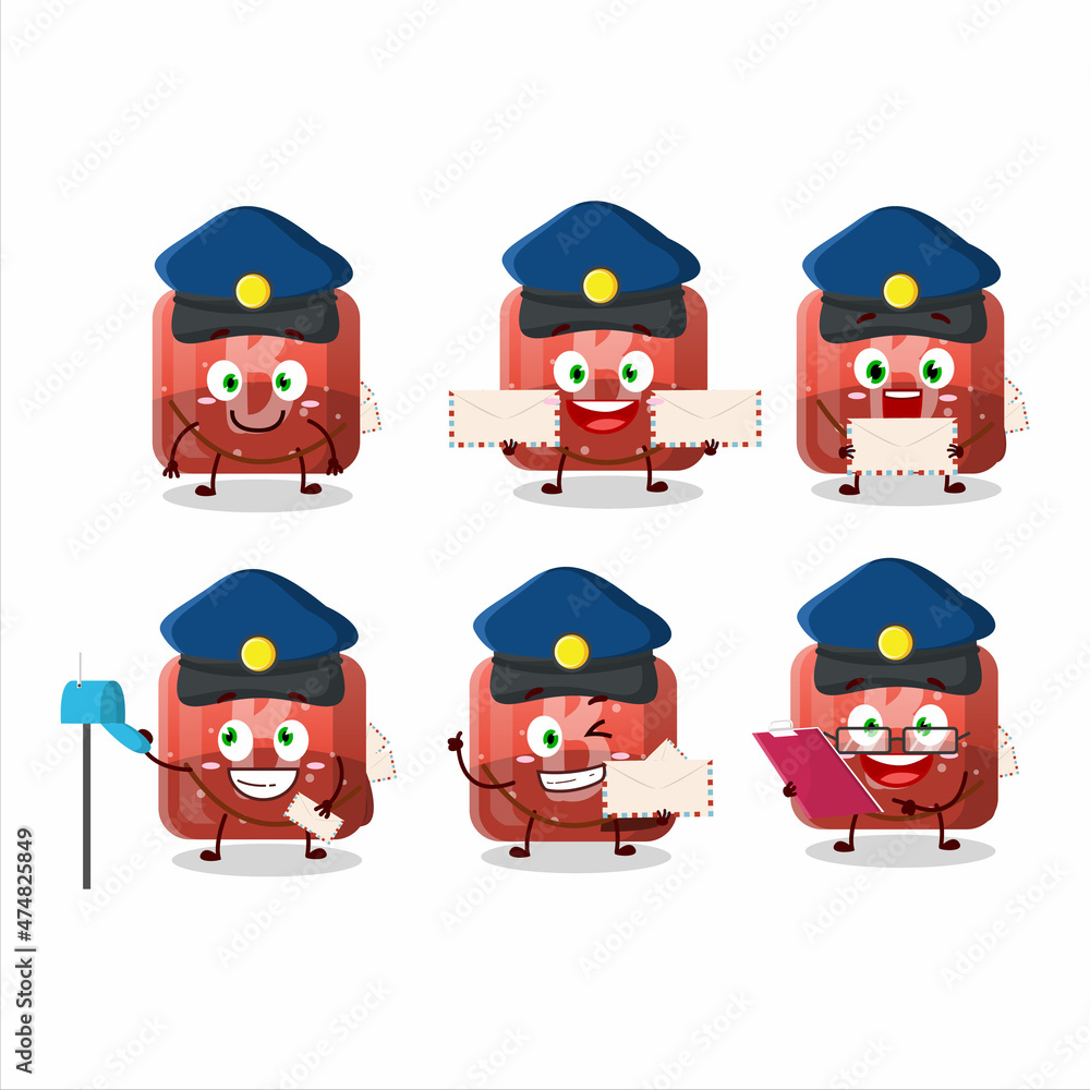A picture of cheerful red gummy candy B postman cartoon design concept