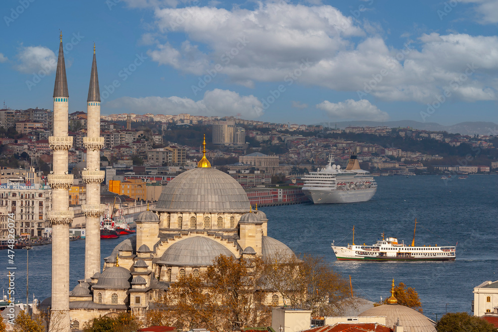 Fototapeta premium Istanbul New Mosque and Ships, Turkey