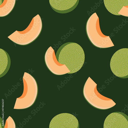 musk melon repeat pattern, Fruity repeat pattern vector illustration created with muskmelon fruit on green background.