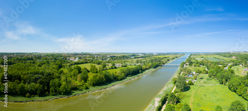 The panoramic view of the Pegasus Bridge and the Ranville Bridge in Europe, France, Normandy, towards Caen, Ranville, in summer, on a sunny day. photo