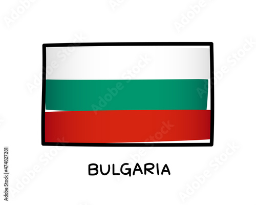 Bulgarian flag. Bulgaria flag colorful logo. Freehand white, green and red brush strokes. Black outline. photo