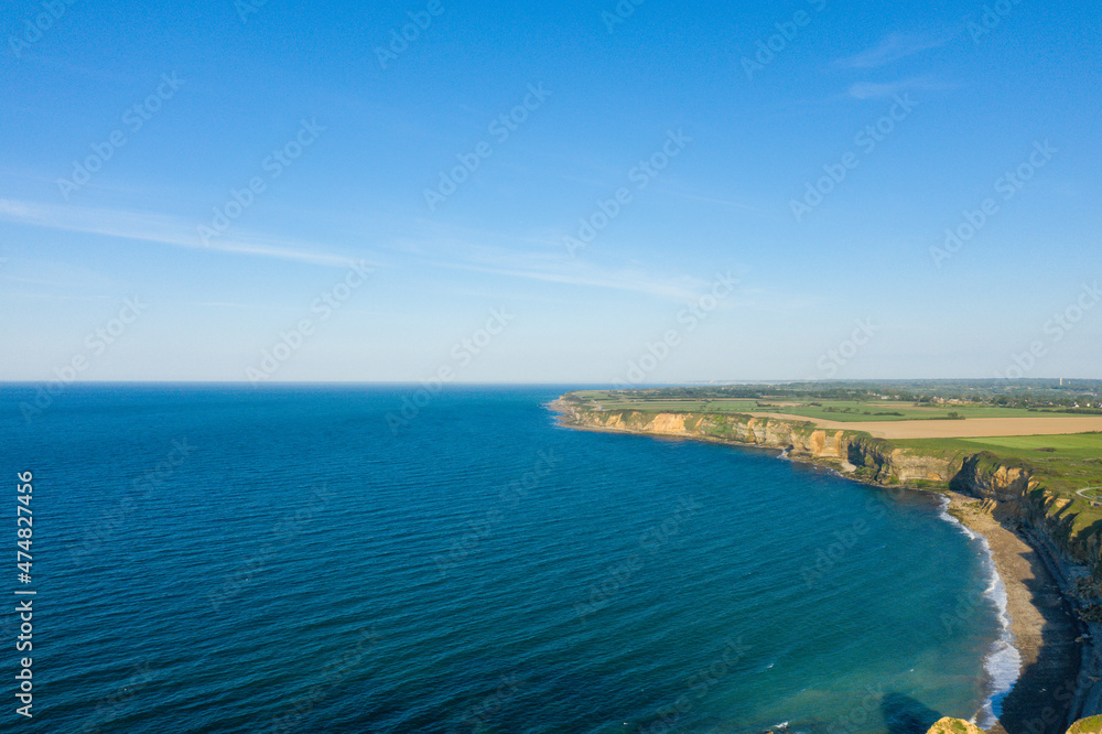 Pointe du Hoc and the Channel Sea in Europe, France, Normandy, towards Carentan, in spring, on a sunny day.