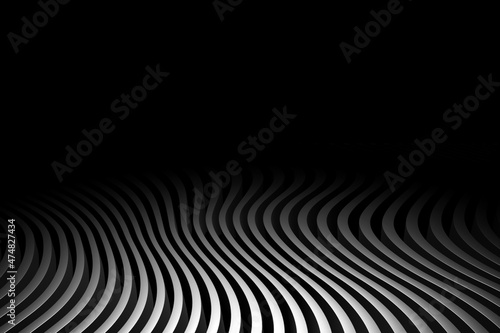 3d illustration of a stereo black strip . Geometric stripes similar to waves. Abstract blue glowing crossing lines pattern