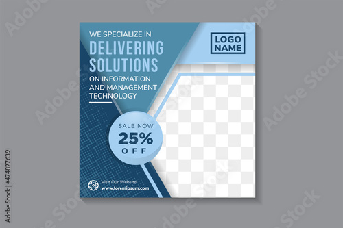 Editable modern minimal square banner templates. multicolored blue background color with transparency of dot pattern. Suitable for social media post and web internet ads with photo college.