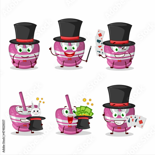 A pink sugar candy Magician cartoon character perform on a stage