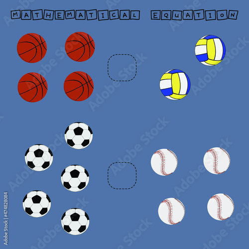       Which is greater  less or equal game with basketball  soccer  volleyball and baseball balls. Worksheet for preschool kids  kids activity sheet  printable worksheet 