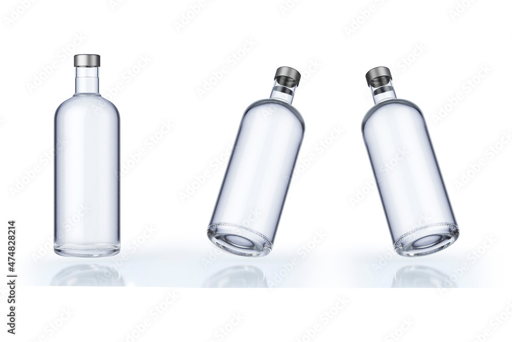 Bottle of vodka with reflexion mockup template isolated over white background.3d rendering. Bottle of vodka with reflexion mockup template isolated over white background.3d rendering.
