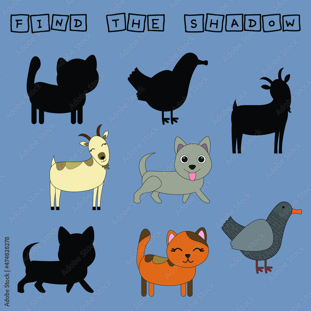 Find the correct shadow. Educational game for children. Cartoon vector illustration. Find the correct shadow. Educational game for children. Cartoon vector illustration.