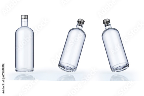 Bottle of vodka with reflexion mockup template isolated over white background.3d rendering.