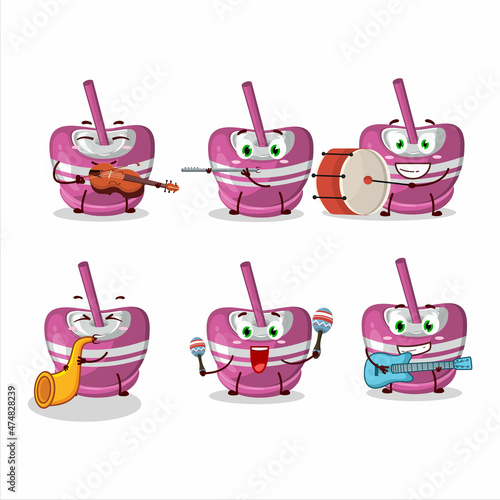 Cartoon character of pink sugar candy playing some musical instruments