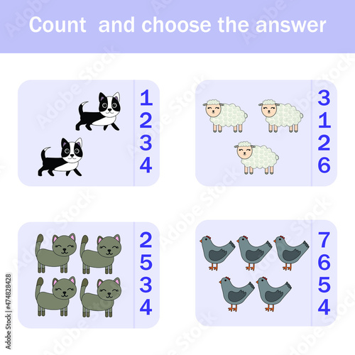 How many counting game with funny forest animal dogs, cats,sheeps, chickens Preschool worksheet, kids activity sheet, printable worksheet