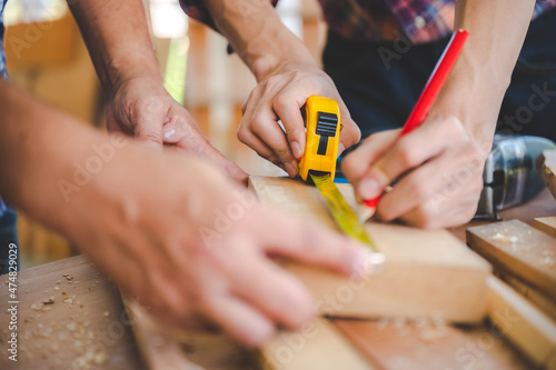 Fotografi wooden carpenter craft man team with work tool for wood workshop business, carpe