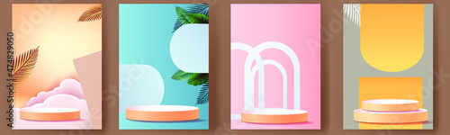 3d geometric podium mockup leaf tropical natural concept for show green background Abstract minimal scene product presentation vector illustrator