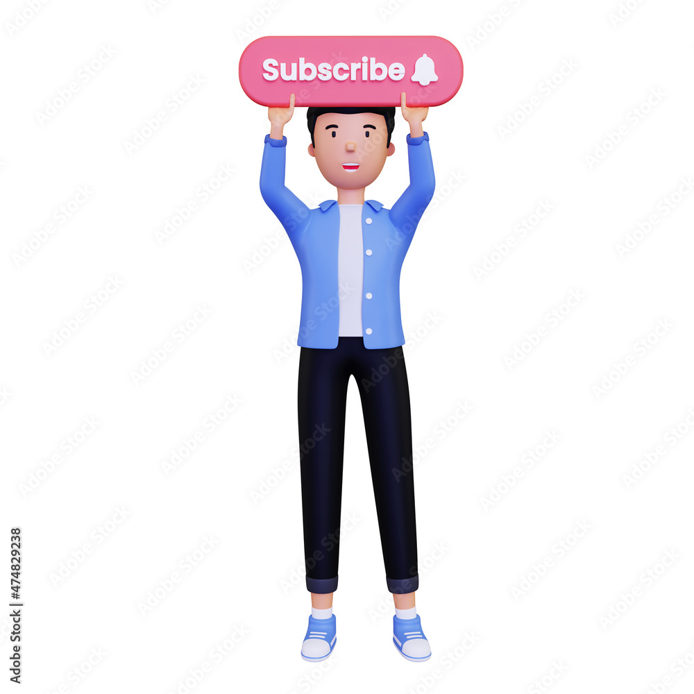 Man holds up the subscribe button. Illustration in a simple and minimalist style. 3d concept illustration Man holds up the subscribe button. Illustration in a simple and minimalist style. 3d concept illustration