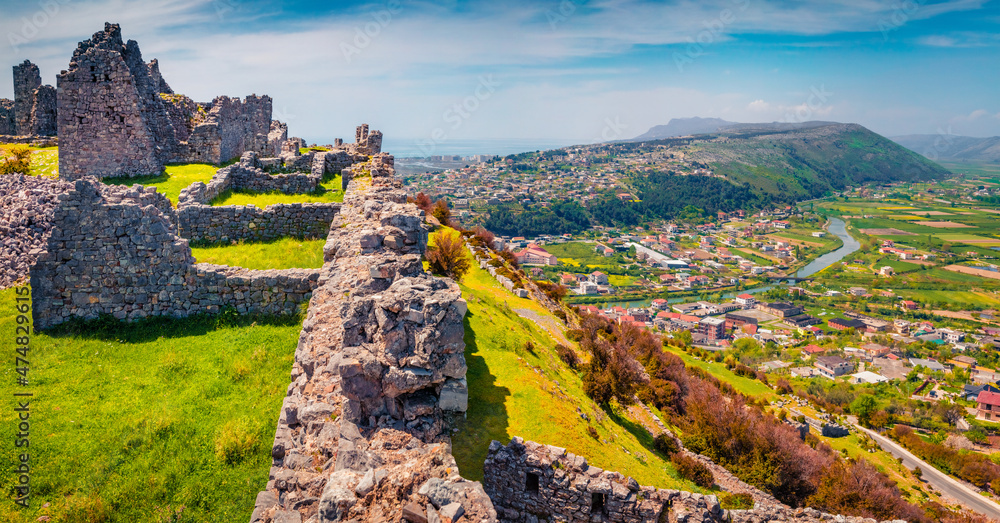 Fantastic spring view of ruins of Lezhe Fortress. Breathtaking morning scene of Albania, Europe. Traveling concept background.