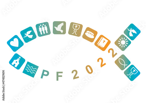 
Jesus symbol, Happy New Year with christian symbols. 
Pf card new year 2022 with fish and Stylized colorful christian icons. Vector available.