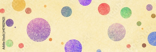 Abstract modern art background style design with circles and spots in colorful pink, blue, yellow, red, green, and purple on light beige or white background