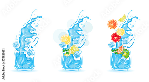 Glass of water, ice water, fruit cocktail, citrus. Vector illustration of drink, food
