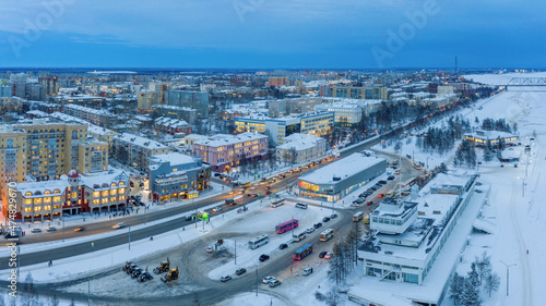 Aerial view of Arkhangelsk and Sea River Station on cold winter day, Russia.