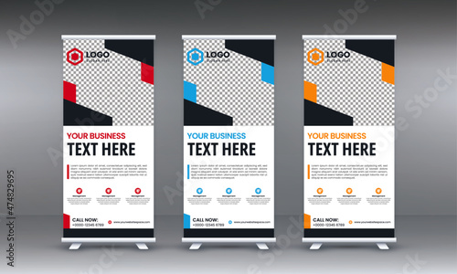 Corporate rollup banner template, rollup, advertisement, pull up, polygon background, vector illustration, business flyer, display, x-banner and flag-banner with blue, red, yellow color