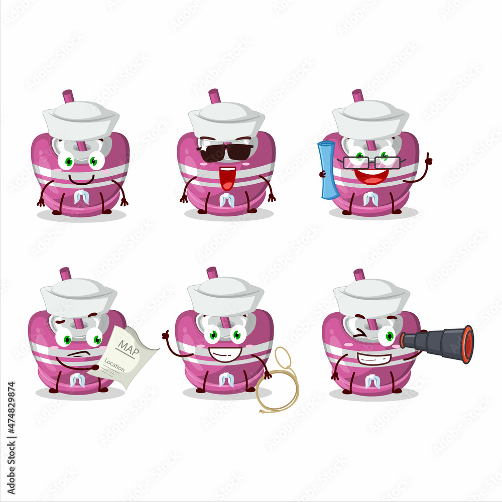 A character image design of pink sugar candy as a ship captain with binocular A character image design of pink sugar candy as a ship captain with binocular