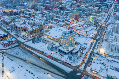 Drone view of Arkhangelsk on cold winter evening, Russia. © Kirill