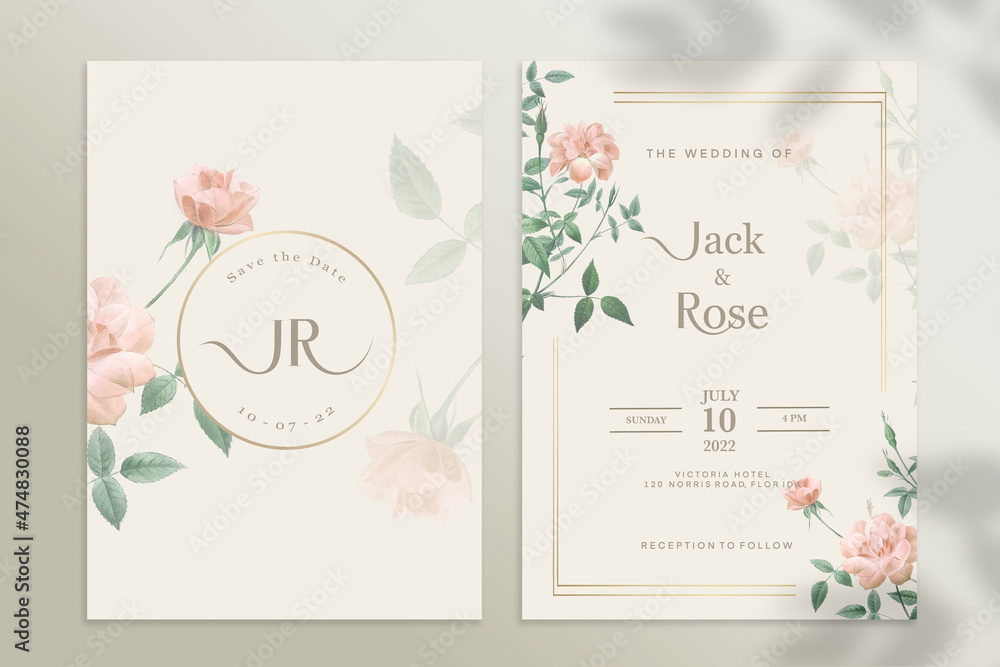 Double Sided Wedding Invitation Template with Rose Flower Double Sided Wedding Invitation Template with Rose Flower