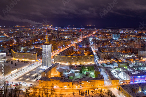 Aerial view of Arkhangelsk on winter night, Russia.
