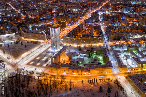 Drone view of centre of Arkhangelsk on cold winter night. Arkhangelsk Oblast, Russia.