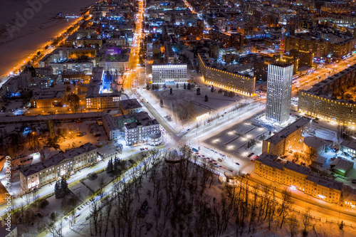 Drone view of Lenin square on cold winter day. Arkhangelsk  Russia.