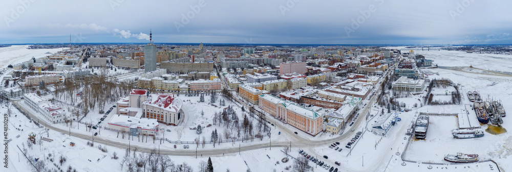 Panoramic aerial view of Arkhangelsk on cloudy winter day. Russia.