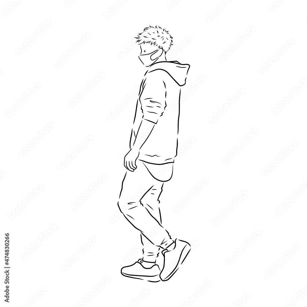 Illustration of a man wearing a hoodie and a medical mask (white background, vector, cut out, line art)
