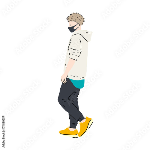 Illustration of a man wearing a hoodie and a medical mask (white background, vector, cut out)