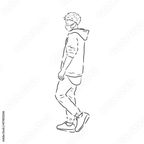 Fototapeta Naklejka Na Ścianę i Meble -  Illustration of a man wearing a hoodie and a medical mask (white background, vector, cut out, line art)