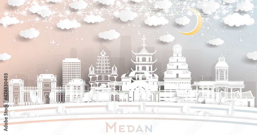Medan Indonesia City Skyline in Paper Cut Style with White Buildings, Moon and Neon Garland.