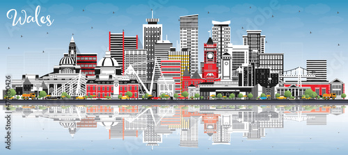 Wales City Skyline with Gray Buildings, Blue Sky and Reflections.