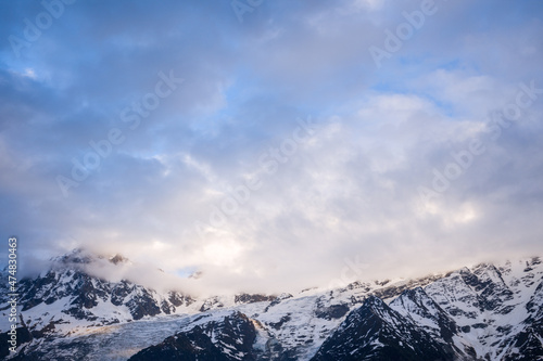 The Mont Blanc Massif at sunset in Europe, France, the Alps, towards Chamonix, in summer on a sunny day.