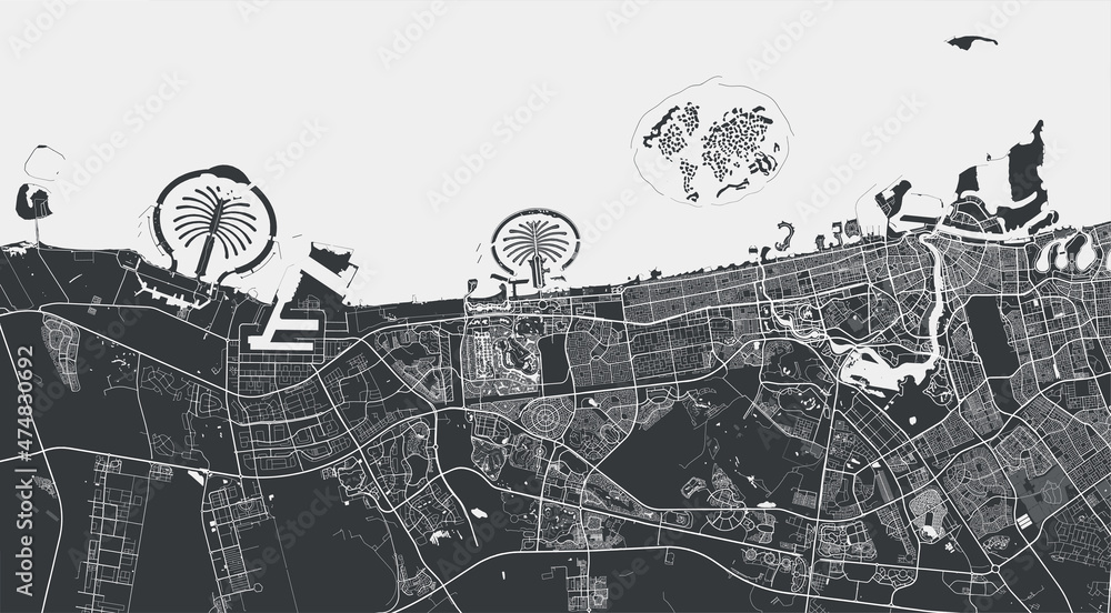 Dubai vector map. Detailed black map of Dubai city poster with streets. Cityscape urban vector.