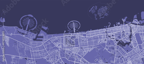 Detailed vector map poster of Dubai city, linear print map. Pantone purple skyline urban panorama.