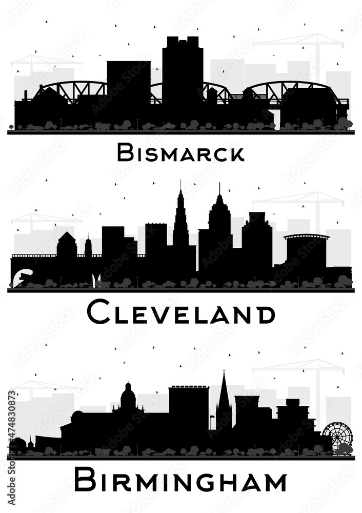 Birmingham UK, Bismarck North Dakota and Cleveland Ohio City Skyline Silhouette Set.