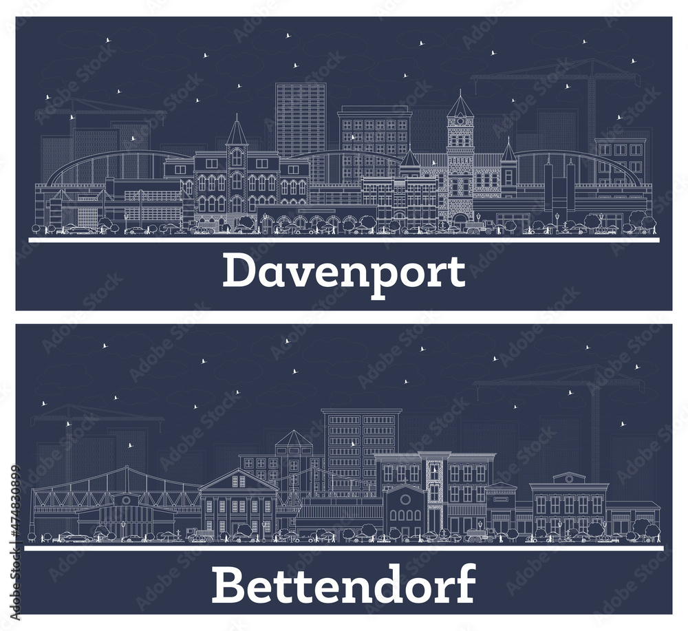 Outline Bettendorf and Davenport Iowa USA City Skyline Set.