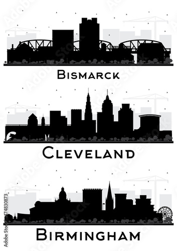 Leinwand Poster Birmingham UK, Bismarck North Dakota and Cleveland Ohio City Skyline Silhouette Set