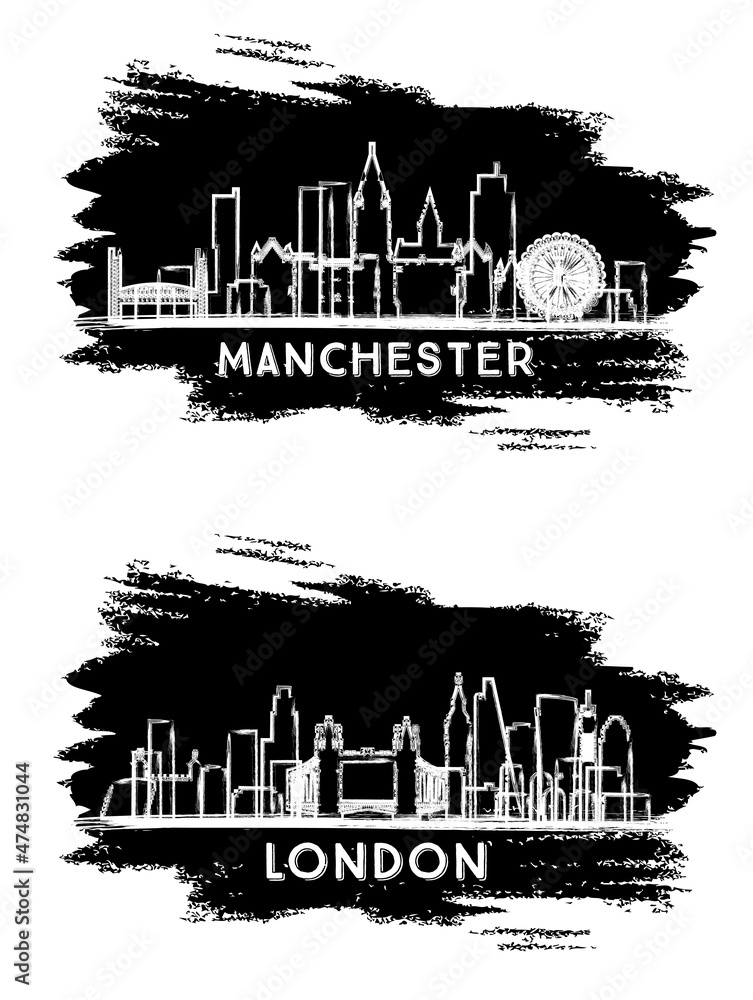 London and Manchester UK City Skyline Silhouette Set.