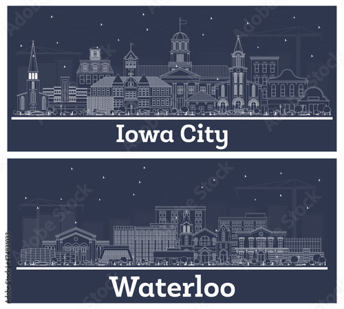 Outline Iowa City and Waterloo USA Skyline Set.