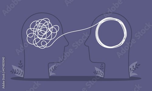 Psychologist consulting or mental problem solving brainstorm concept. Human heads with tangled chaos disorder turns into order line, finding solution. Coach, mentoring psychotherapy. Complex to simple