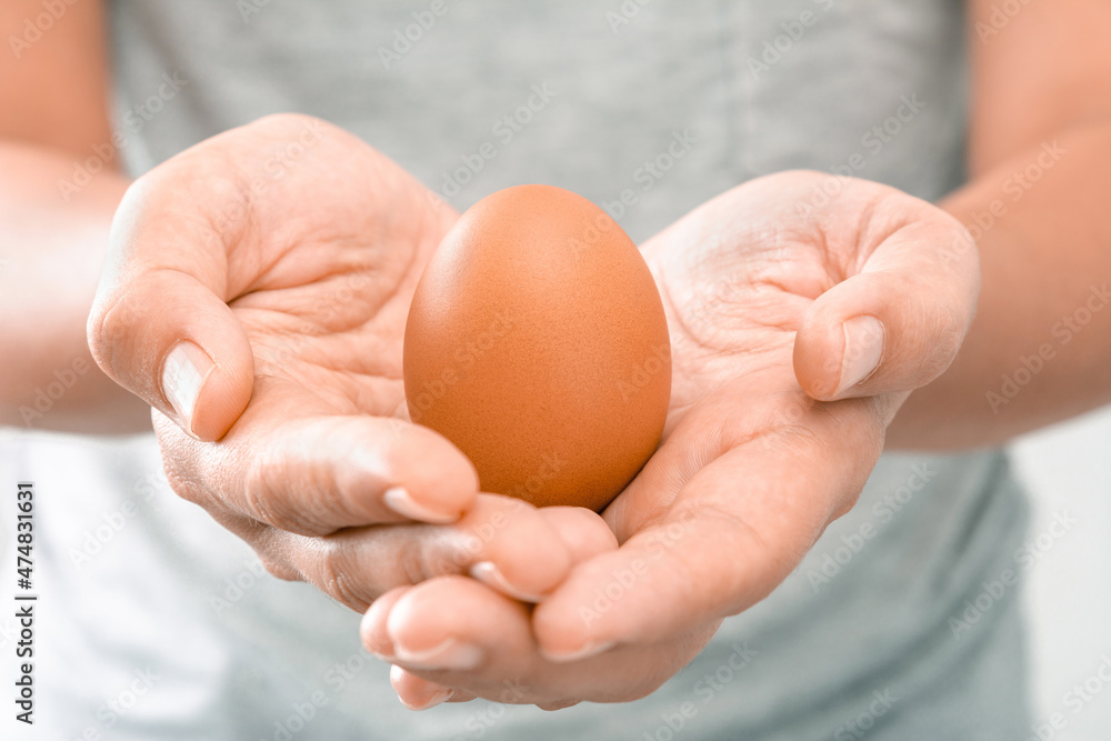 Close-up of a Young Woman wearing a gray T-shirt at her home holding a brown chicken egg with her hand in the morning. Shoot over white background. Natural healthy food and organic farming concept Close-up of a Young Woman wearing a gray T-shirt at her home holding a brown chicken egg with her hand in the morning. Shoot over white background. Natural healthy food and organic farming concept