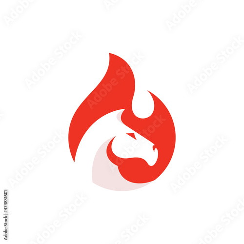 Negative space horse head silhouette and burning fire vector. Mustang stallion and flame vector icon